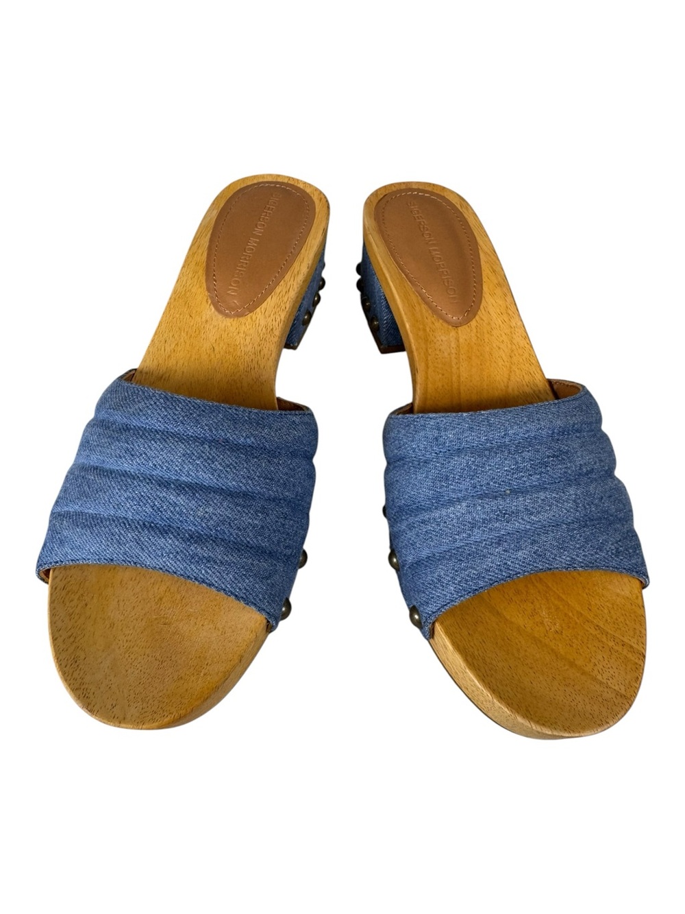 Sigerson Morrison Denim Studded Wooden Clog Slide Sandals EUC Size 8.5